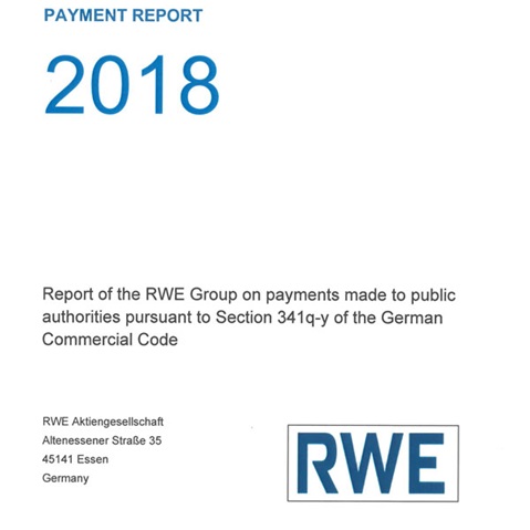 Payment report for the RWE Group, detailing 2018 payments to public authorities, following German Commercial Code.