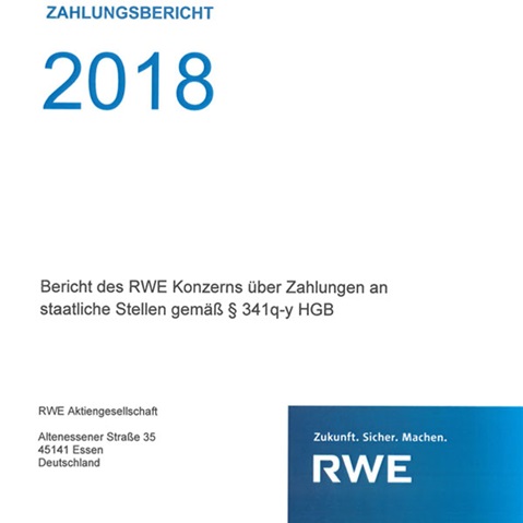 Cover des Zahlungsberichts 2018 der RWE, der Zahlungen an staatliche Stellen gemäß § 341q-y HGB beschreibt.