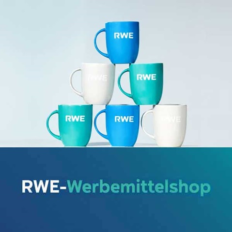 Six mugs in various colours, stacked with the RWE logo. A blue gradient background is visible.